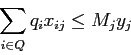 \begin{displaymath}
\sum_{i \in Q} q_i x_{ij} \leq M_j y_j
\end{displaymath}