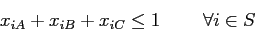 \begin{displaymath}
x_{iA} + x_{iB} + x_{iC} \leq 1\;\;\;\;\;\;\;\; \forall i \in S
\end{displaymath}